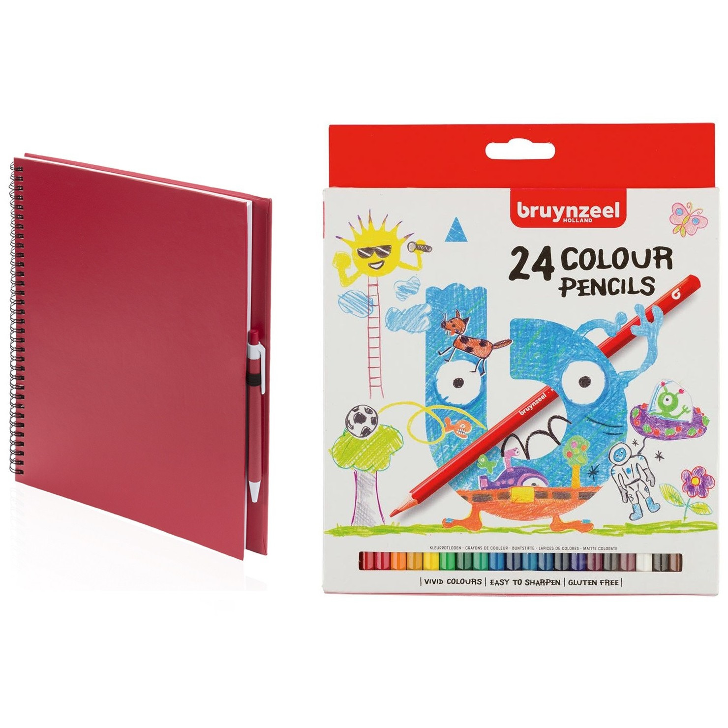 Rood schetsboek tekenboek met 24 kleurpotloden