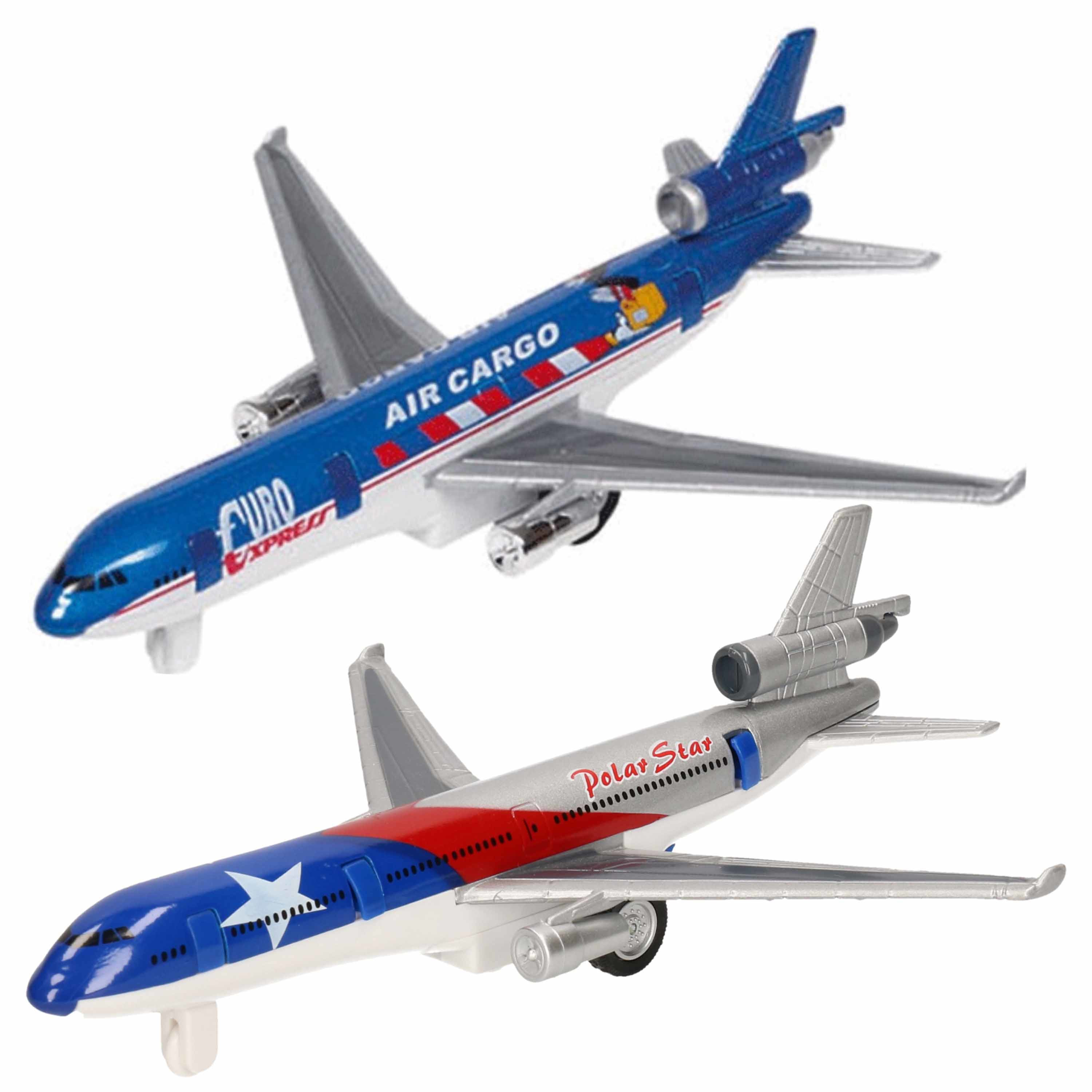 Speelgoed vliegtuigen setje van 2 stuks zilver en blauw 19 cm