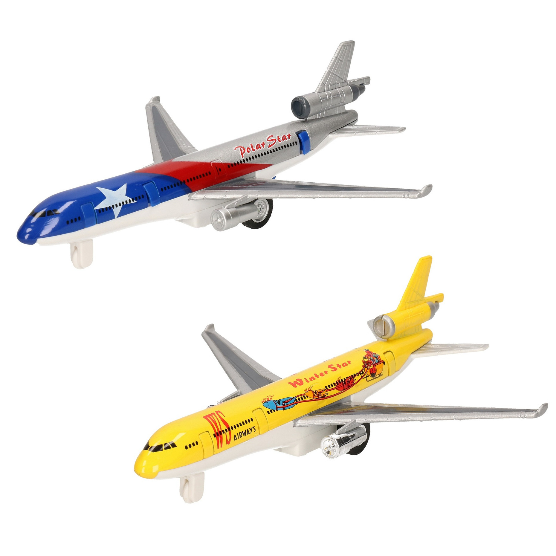 Speelgoed vliegtuigen setje van 2 stuks zilver en geel 19 cm